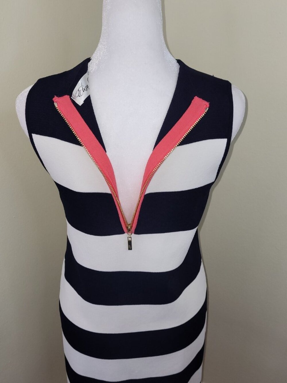 Eliza J Dress Navy Blue White Striped Textured Knit Sheath Crew Neck Women's 4P - Picture 6 of 11